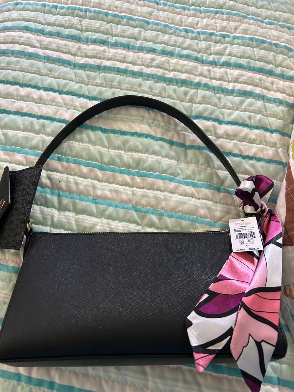 Michael Kors Black Leather Shoulder Bag with Pink Accent Scarf NWT. - Picture 5 of 7